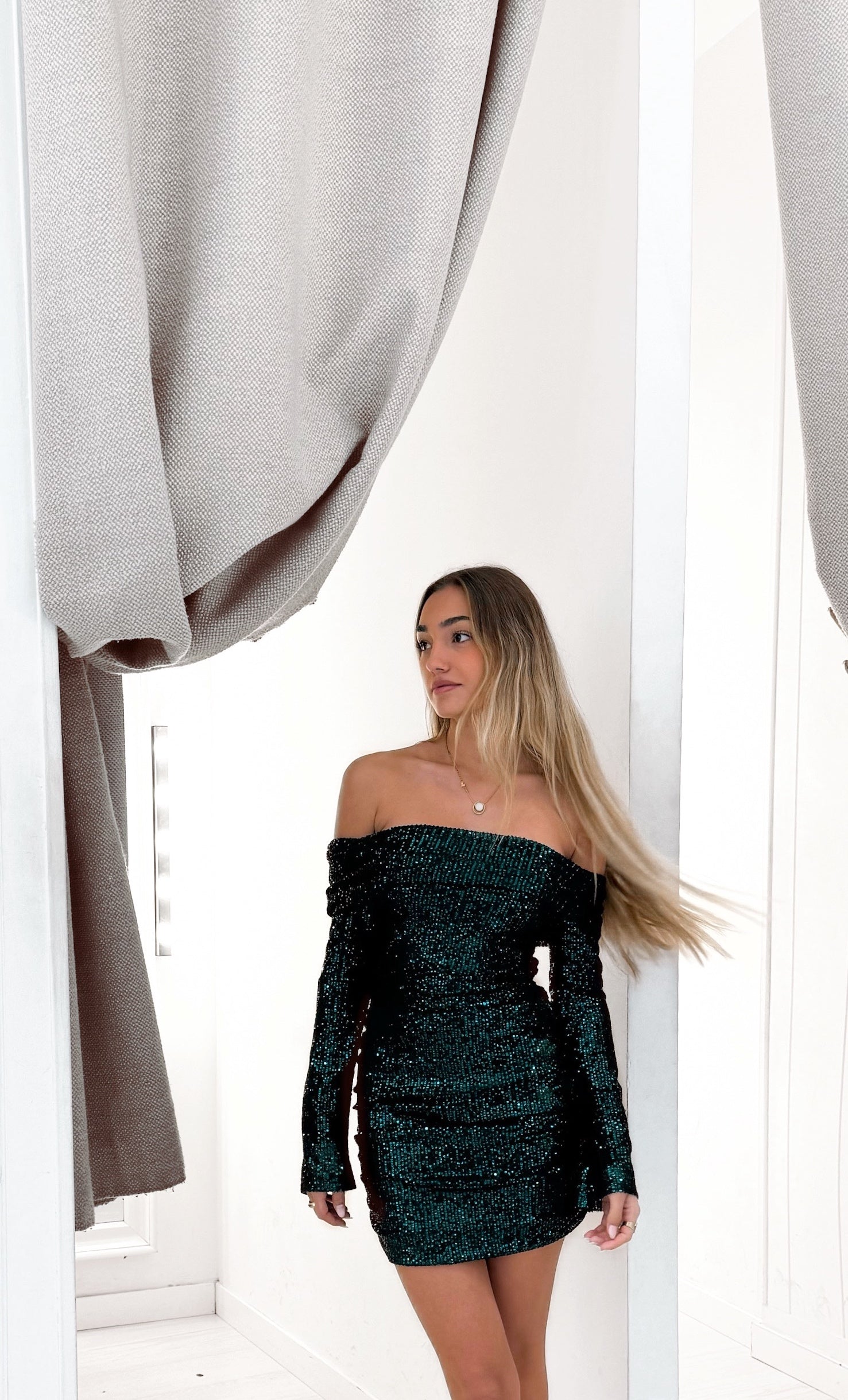 Glitter Bardot dress - verde botella